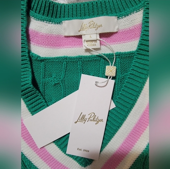 Lilly Pulitzer Brockton Cotton Sweater NWT Green Pink White - Picture 4 of 9